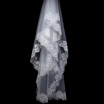 150 cm Ženske Poročne Kratek Poročni Veil Belo Plast Čipke Cvet Rob Appliques