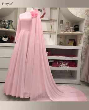 Bela Muslimanskih Dolg Rokav Poročne Obleke A-Line Vestido De Noiva 2021 Cvetje Šifon Elegantno Dubaj Arabski Hajab Poročne Oblek