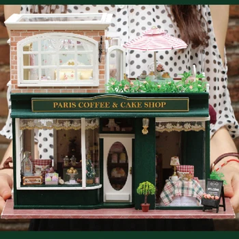 DIY Parizu Kava & slaščičarna Ročno izdelane Lesene Miniaturni Lutka Hiša s Svetlobo in Glasbeno Gibanje Lutke Valentinovo Darilo