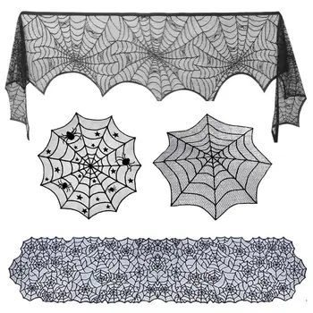 Halloween Spider Web Kamin Krpo Dekoracijo Čipke Brisačo Namizni Prt Tabela Banner Lampshade 3-Delni Komplet Za Dekoracijo Dobave