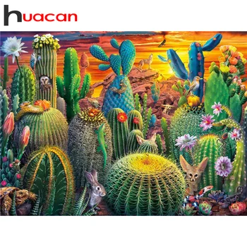 Huacan 5d DIY Mozaik Diamond Slikarstvo Celoten Kvadratni Kaktus Sunset Diamond Vezenje Nastavite Cvet Puščavi Živali Nosorogovo Sliko