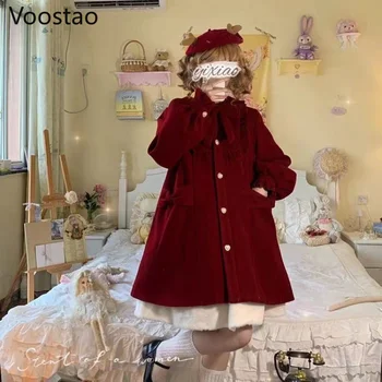 Jeseni, Pozimi Japonski Sweet Lolita Style Volnene Plašče Ženske Elegantne Srčkan Lok-Line Ohlapne Jakne Pomlad Girly Kawaii Outwear