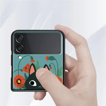 Krat Celular Coques Za Samsung Galaxy Ž Flip 3 Zložljiv Črn Rob Primeru Ž Flip3 5G Mobilni Mobilni Telefon Kritje Mačka v Makovo Cvetje