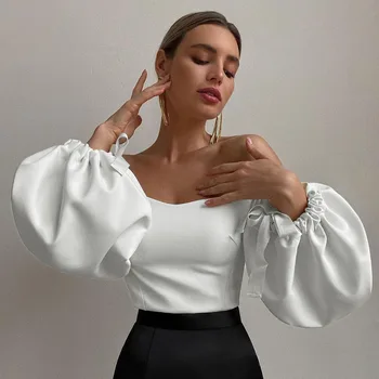 Luč Rokav Vintage Vrhovi Seksi Off Ramo Ulica Bluzo Elegantno Belo žensko Bluzo 2021 Modnih Ženskih Oblačil Jesen