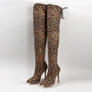 Moraima Snc Dolgo Čevlji Leopard Čipke Strani Zadrgo Ženske Škornji Strappy Nad Kolena Tanke Visoke Pete Nove Jesensko Zimske Seksi Čevlji