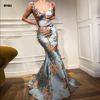MYYBLE 2020 Dolgo Elegantno Abendkleider Dubaj morska deklica Proti-vrat Večerno Obleko Poceni Natisnjeni Cvetje Prom Oblačenja Vestido Largo Noche