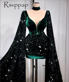 Nov Prihod Visoko Vratu Dolg Rokav Sparkly Smaragdno Zelena Sequined Afriško Črno Dekleta Kratek Prom Obleke 2022