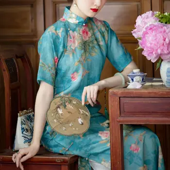 Poletje Kitajski Slog Ženske Elegantne Tiskani Bombaž Perilo Retro Qipao Zapeto Svoboden Modra Tradicionalnih Cheongsam Dolgo Obleko Robe