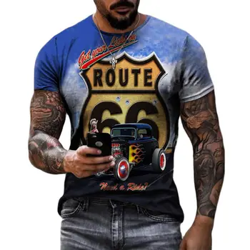 Poletna Majica s kratkimi rokavi Moški Route 66 T-shirt za Moške Ulica T-shirt O-vratu, Kratka sleeved Ulične Moški Priložnostne Prevelike majice, Vrhovi