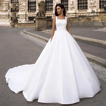 Vintage Poročno Obleko Bele 2022 Preprost Saten Gumbi Plaži Poročne Obleke S Pocket Princesa Oblačilih, de mariée za Ženske