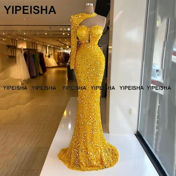 Yipeisha Eno-ramo Zlato Večerne Obleke z Rokav Luksuzni Kristali morska deklica Maturantski Obleki Savdska Arabija Dolgo Stranka Obleko Formalno